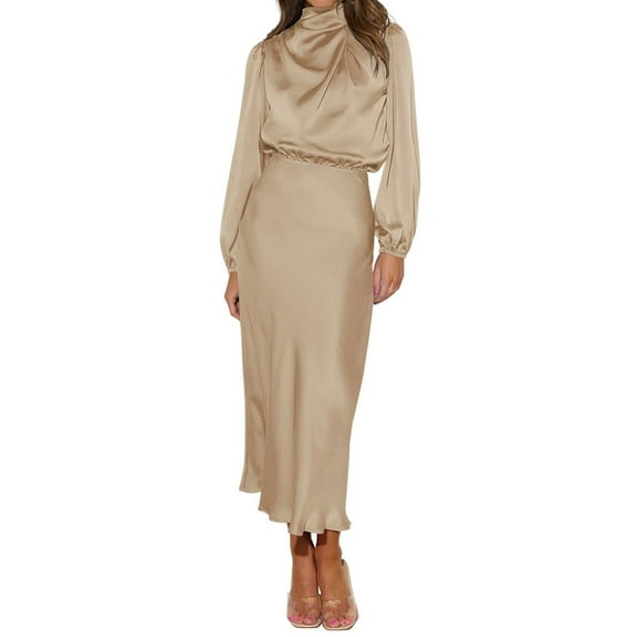 IDOPIP Women's Elegant Long Sleeve Satin Dress Mock Neck Elastic Waist Cocktail Party Maxi Dress