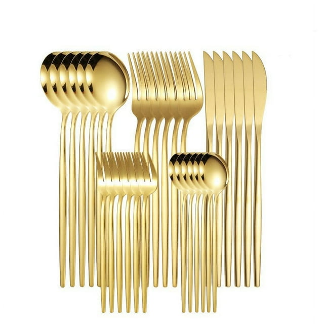Juego de cubiertos dorados de acero inoxidable de 30 piezas, juego de cubiertos, cuchillos, tenedor y cuchara, apto para lavavajillas