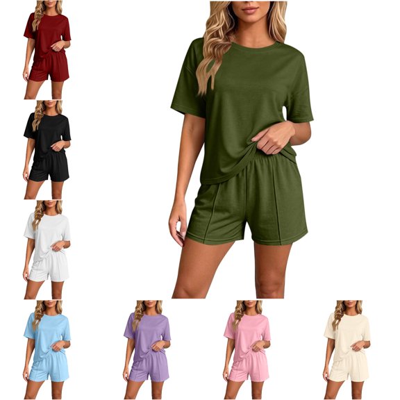 FAHUOMU Womens Pajamas Set 2 Piece Short Sleeve Crewneck Tops With Elastic Waist Shorts Sleepwear Soft Breathable Loungewear
