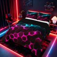 thumbnail image 2 of meiyoeat Neon Honeycomb Pattern Full Size Comforter Sets for Boys Girls, Geometric Hexagon Bedding Sets, Cyan Pink, Black Reversible 3 Pieces, 1 Comforter and 2 Pillowcases, 2 of 6