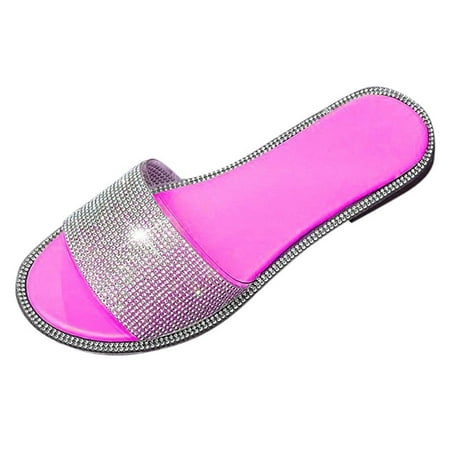 

Tuphregyow Rhinestone Embellished Flat Open Toe Slippers Stylish Comfy Sandals for Casual Beach and Business Wear Hot Pink 37