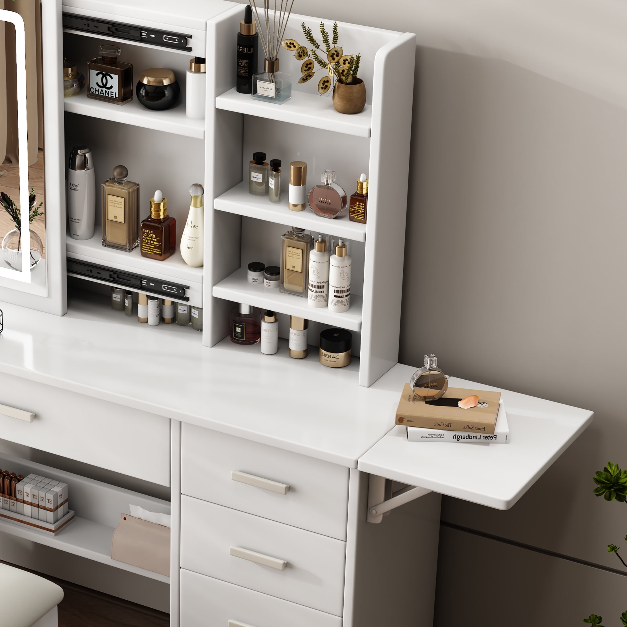 Aukfa Makeup Vanity Set with Mirror & Open Shelves, LED Vanity Desk, White