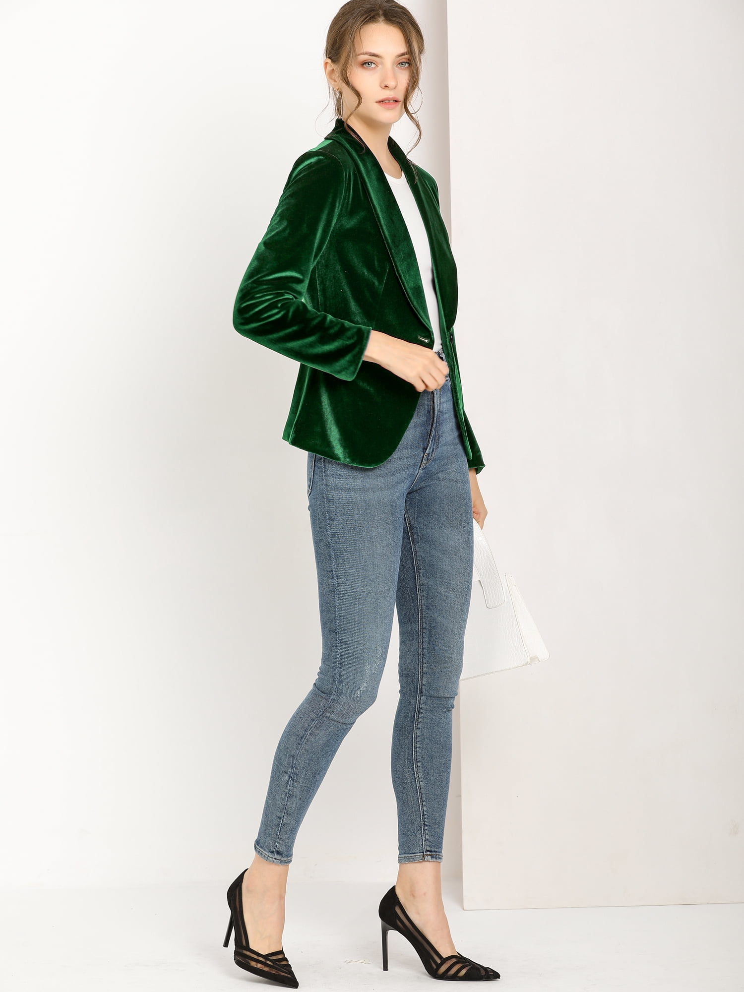 DARING DIVA Women's Velvet Office Coat Solid Shawl Collar Blazer 2XL Green