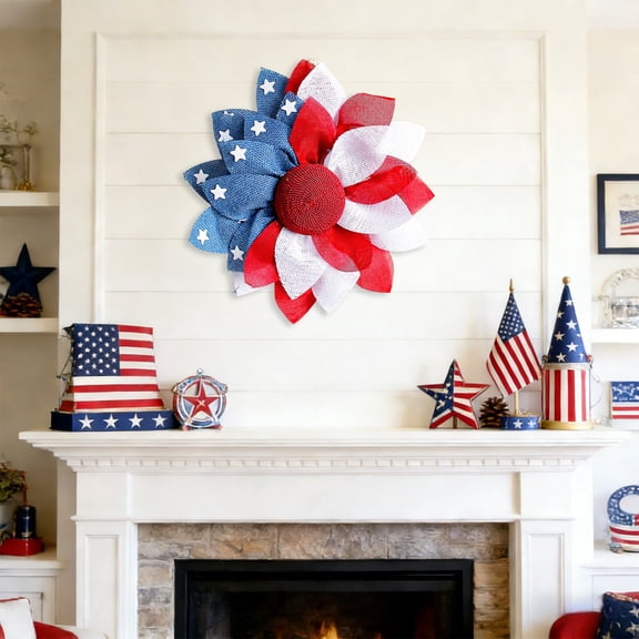 sruoe Patriotic Wreath, Artificial Flowers for 4th of July Wreaths Decor Red White Blue , Artificial Evergreen Wreath for Memorial Day Decorations, Indoor and Outdoor