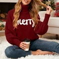 thumbnail image 2 of vigerkar Women Merry Sweaters Turtleneck Long Sleeve Letter Embroidery Loose Knitted Pullover Merry Christmas Sweater (Wine, L), 2 of 9