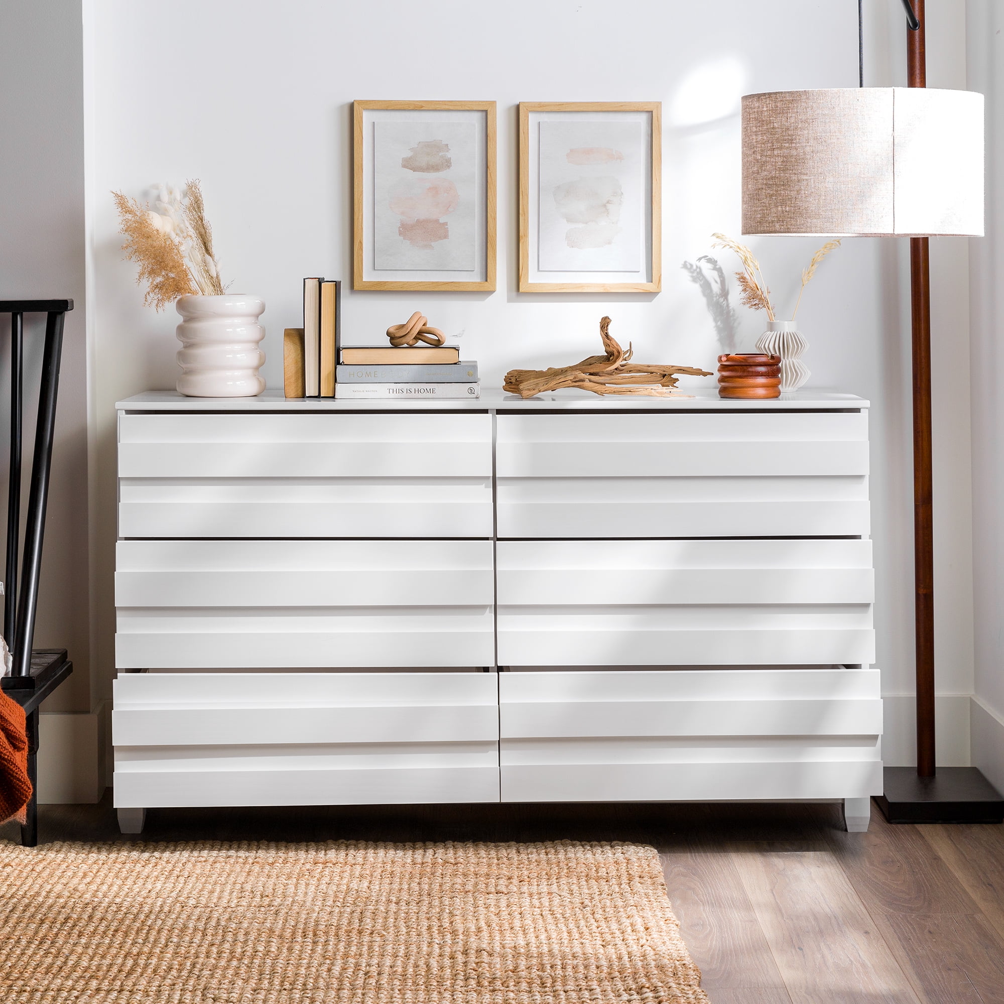 Walker Edison Modern Beveled 6 Drawer Dresser, White
