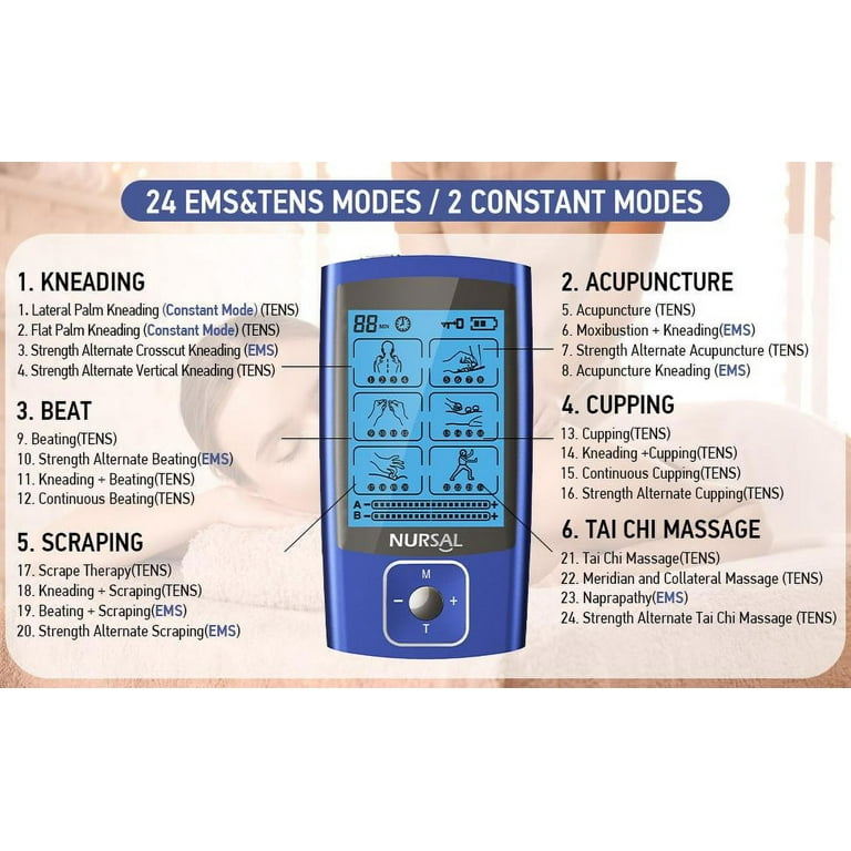 NURSAL TENS Unit Muscle Stimulator W8 Pads 24 Modes Pain Relief Therapy  Massager