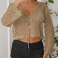 thumbnail image 2 of Oksale Women Crochet Cardigan Hollow Out Bell Sleeved Cropped Cover Up Cozy Long Sleeve Summer Cardigans for Holiday Khaki Free Size, 2 of 7