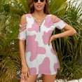 thumbnail image 3 of Strawberry Pink Cow Print Pattern Womens Summer V Neck Zipper Top Short Sleeve T Shirt Off Shoulder Top Casual Classy Loose Shirts, 3 of 7