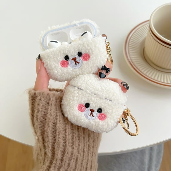 For AirPods 1/2/Pro/3rd Gen 2021 Shockproof Cute White Plush Bear With Ring Case Cover
