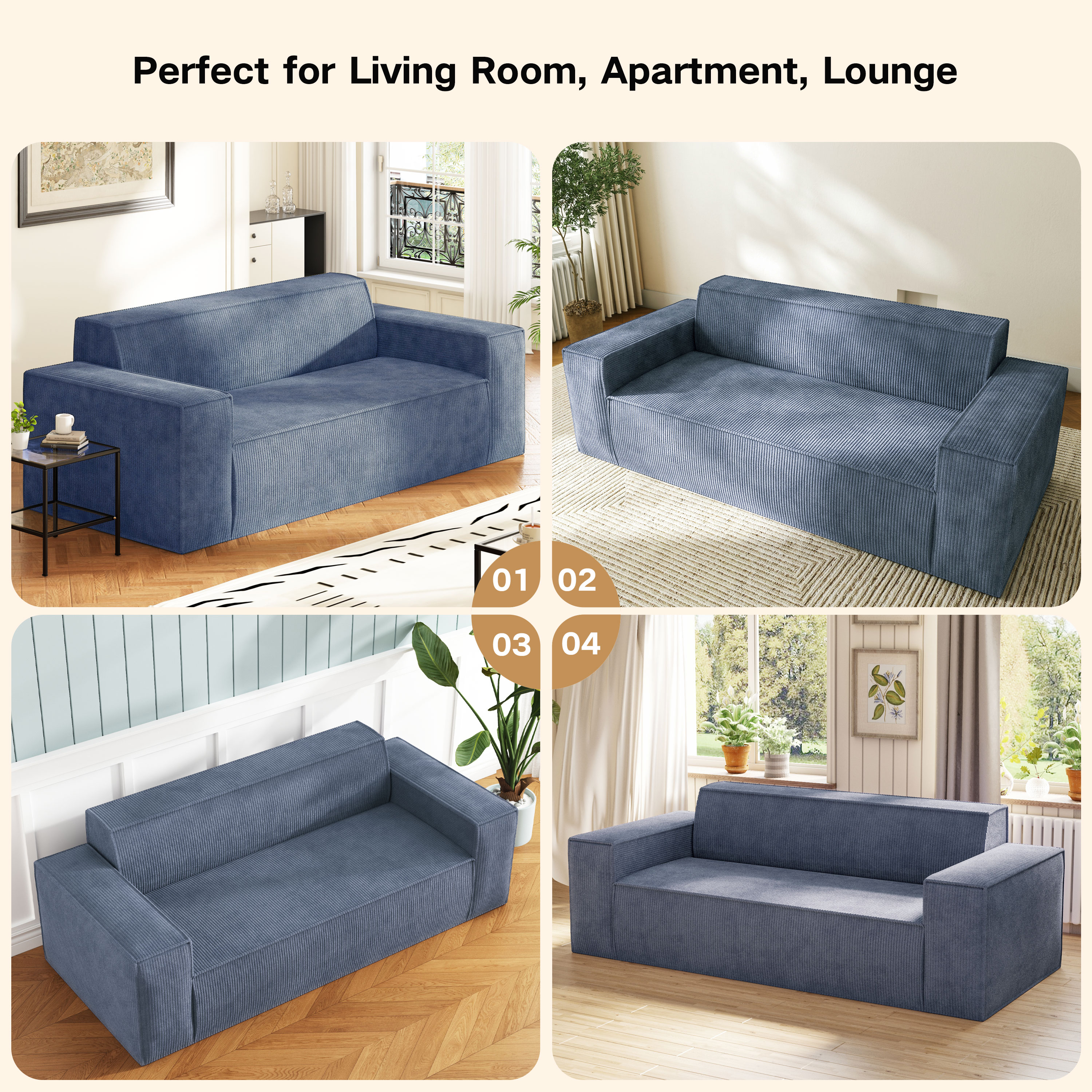 Sofa-in-a-Box, Memory Foam 3-Seater Couch, No Installation & Easy to Transport, Deep Seat Modern Sofa with Corduroy Fabric, Couch for Living Room, Bedroom, Apartment, Home Office,Grey