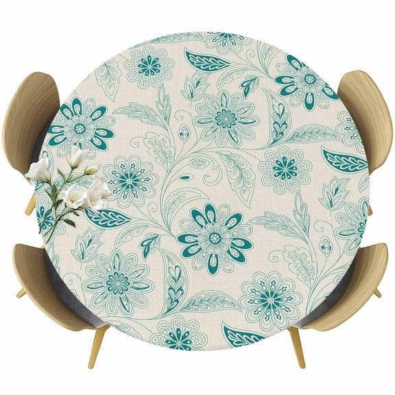Teal Boho Round Tablecloth 55-60 Inch Round Fitted Table Cloth with Elastic Edge, Vintage Pattern Ethnic Flower Tribal Leaf Waterproof Table Cover Protector for Outdoor Picnic Party Dining