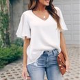 thumbnail image 4 of Womens Summer V Neck Chiffon Blouses Ruffle Short Sleeve V Neck Solid T Shirts Tops Dressy Casual Loose Tunic Tees Shirts, 4 of 7