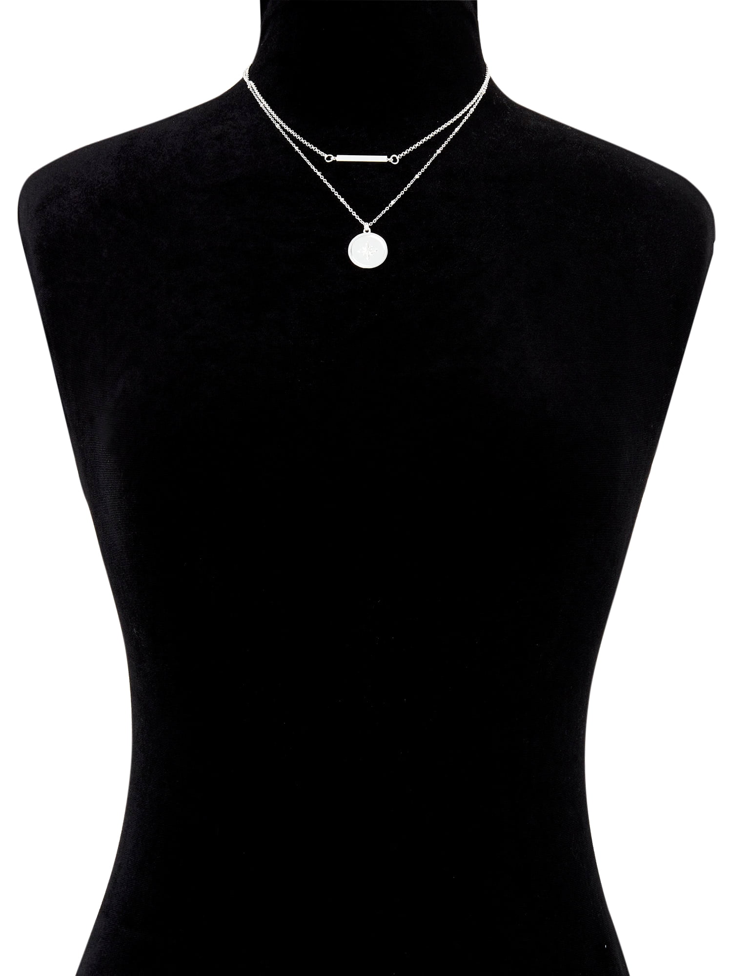 Scoop Womens Brass Fine Silver-Plated Brass Medallion and Bar Layered Necklace Set, 2-Piece