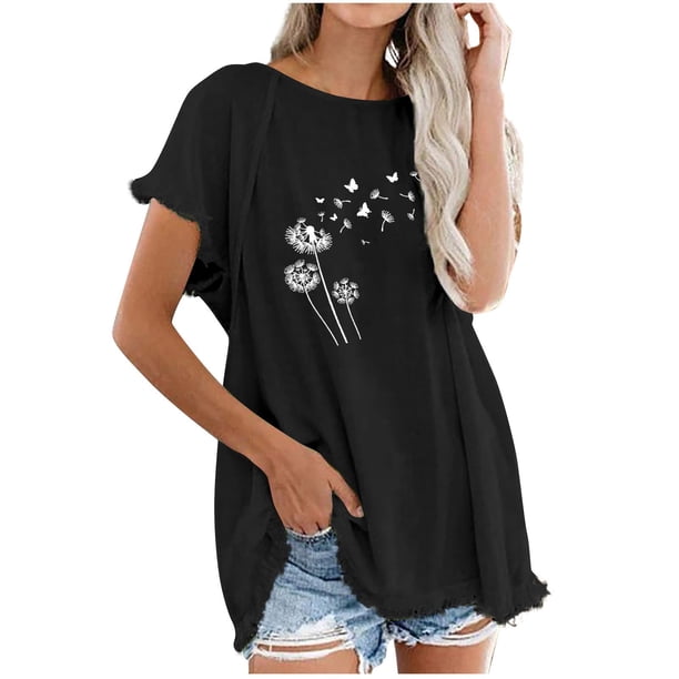 Blusa de manga corta con estampado regular de flecos y cuello redondo de algodón y cáñamo para mujer OAVQHLG3B Store lin121212