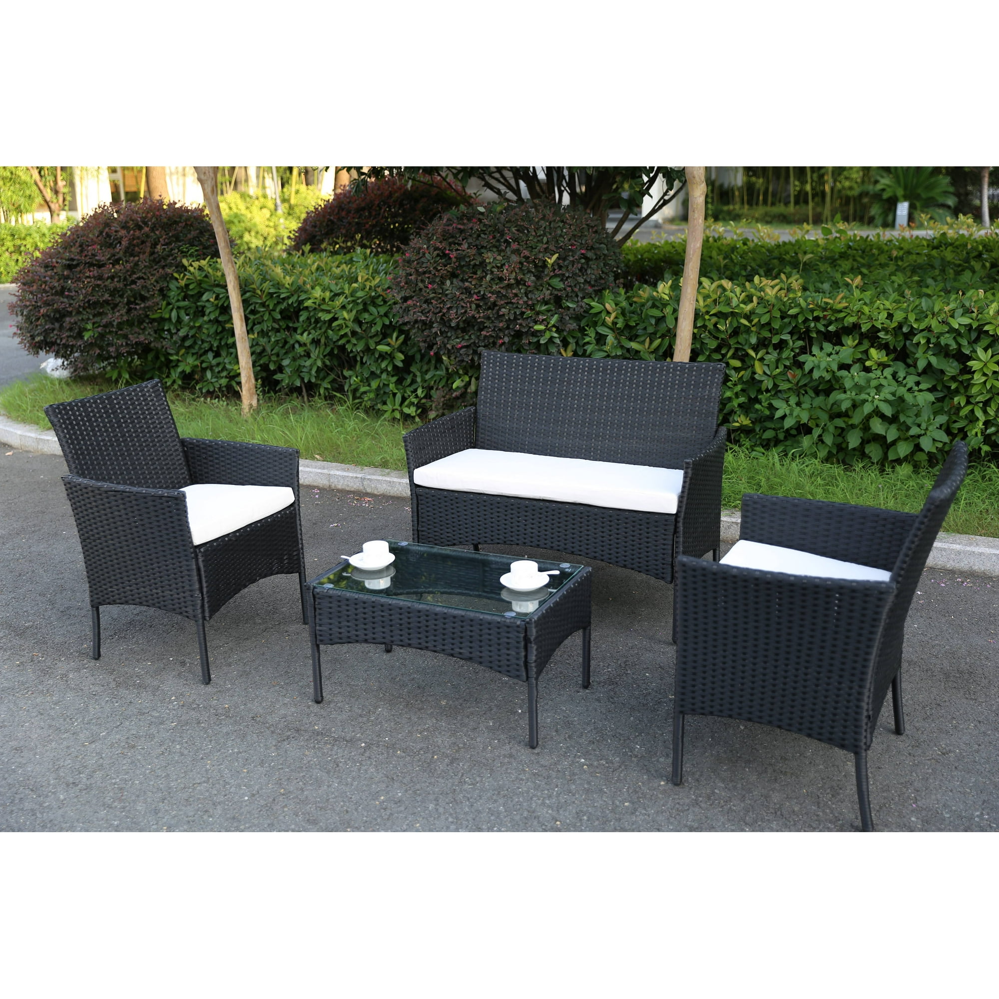 outdoor conversation sets 4 piece wicker patio set with glass dining  table loveseat  2 cushioned chairs modern patio furniture set with  coffee