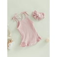 thumbnail image 3 of Suealasg Baby Girl Clothes Sleeveless Romper Knitted Ribbed  Spaghetti Straps Bodysuit Jumpsuit with Headband Summer Outfits 0-18 Months, 3 of 9