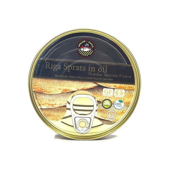 Grilled Catch Brisling Sardines Smoked in Oil, Riga Sprats 5.6 oz (Pack of 12)