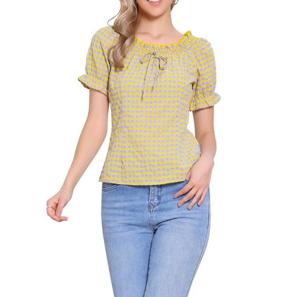 BLUSA DE CUADROS GINGHAM PARA MUJER CON VOLANTES EN EL CUELLO REDONDO Y MANGA ABULLONADA XS PÚRPURA AMARILLO