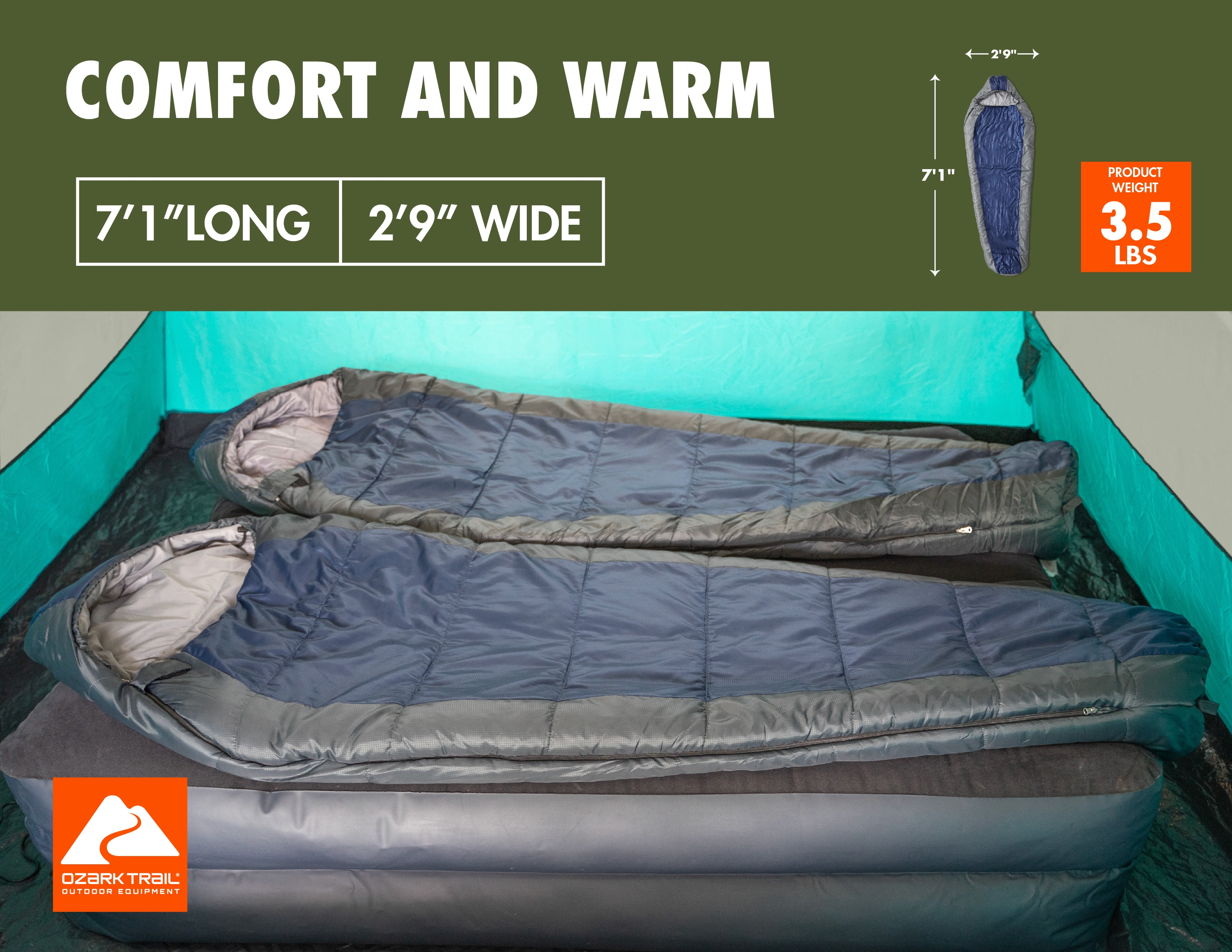 Ozark Trail 30-Degree Cold Weather Mummy Sleeping Bag, Blue, 85"x33"