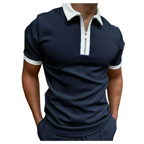 Outfmvch polo shirts for men Shirt Sleeve Turn Down Zipper Collar Splice Solid Polos Casual womens tops Dark blue