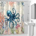 thumbnail image 2 of Sea Octopus Shower Curtain, Vintage Watercolor Ocean Animals Corals Seaweed Newspaper Texture Waterproof Shower Curtain Set with 12 Hooks Lightweight Bath Curtains Fabric Bathroom Decor 72x84 Inches, 2 of 9