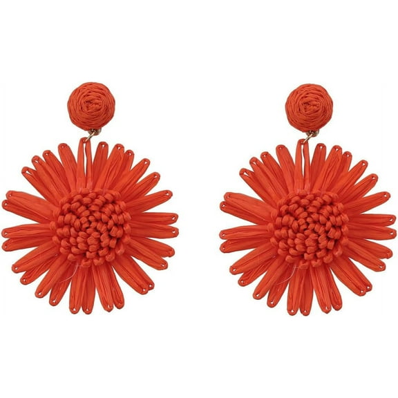 Boho Raffia Flower Earrings Cute Handmade Sunflower Raffia Rattan Drop Earrings for Women Trendy Spring Summer Beach Vacation Statement Jewelry Gifts
