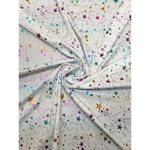 Small Multi Color Foil Stars and Hearts on White Nylon Spandex Knit w/ Fabric by the Yard