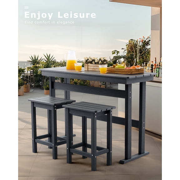 3 Piece HDPE Outdoor Bar Table and Chairs Set of 2 Includes High Top Patio Table and Chairs, Outside Patio Bar Set  (Grey, 3 Piece)