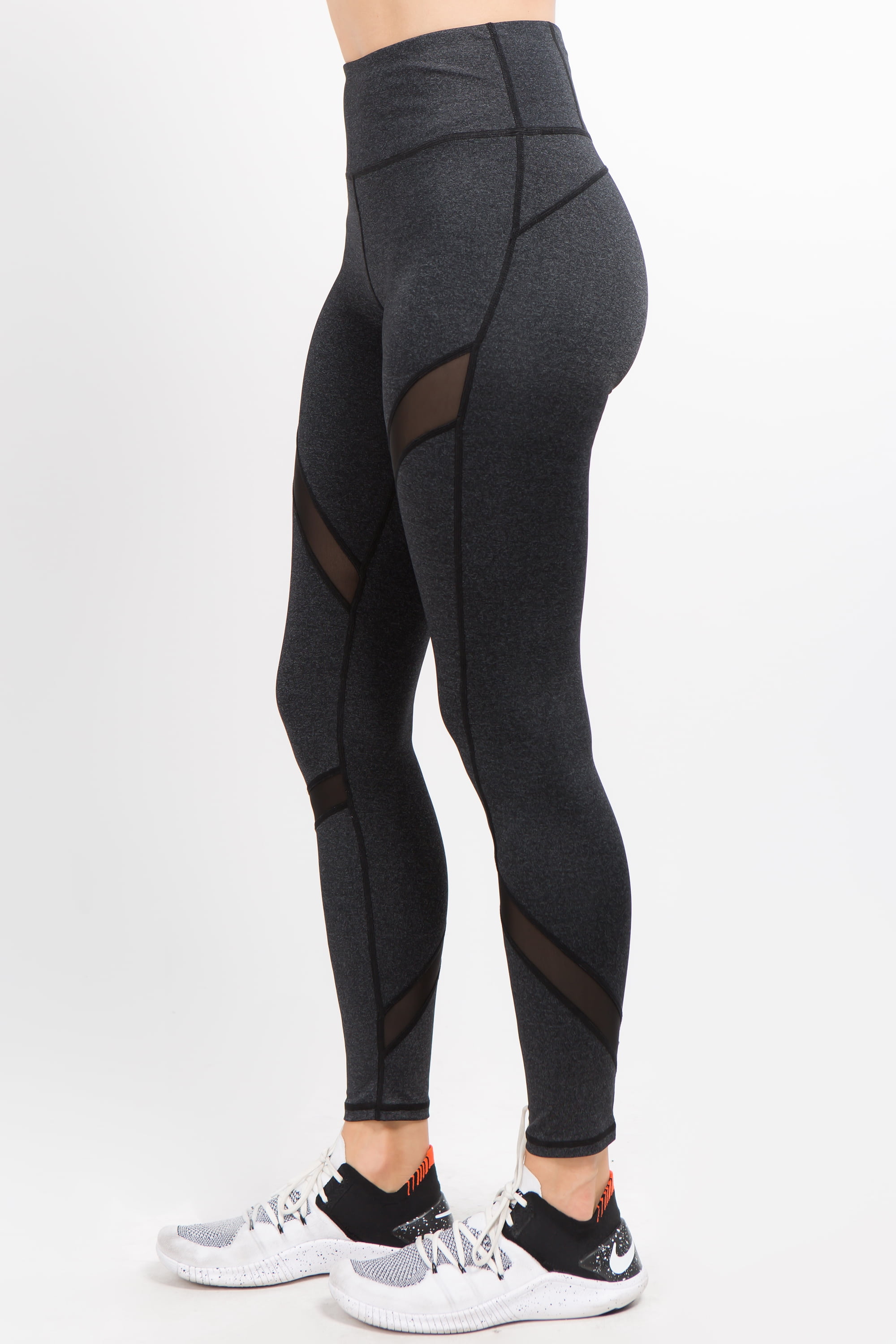 Mesh-Panel Activewear Ankle Length Leggings w Back Pocket, Heather Charcoal