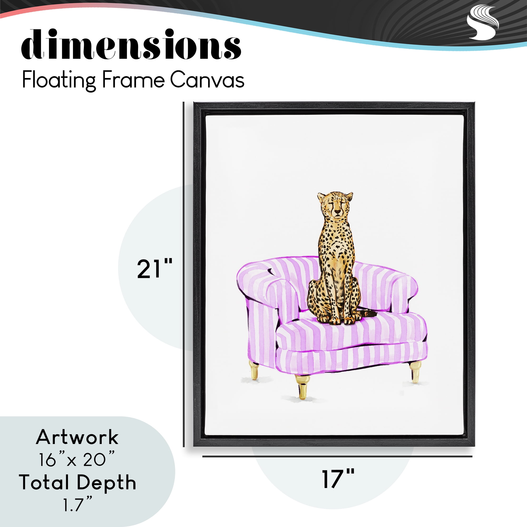 Cheetah on Pink Stripe Chair Black Framed Floater Canvas Wall Art, design by Ziwei Li
