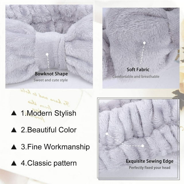 Diadema - Paquete de 3 bandas para el cabello con lazo para mujer Maquillaje facial Banda para la cabeza Suave forro polar de coral (Multicolor) Gris + Blanco + Tibetano BANYUO Hogar