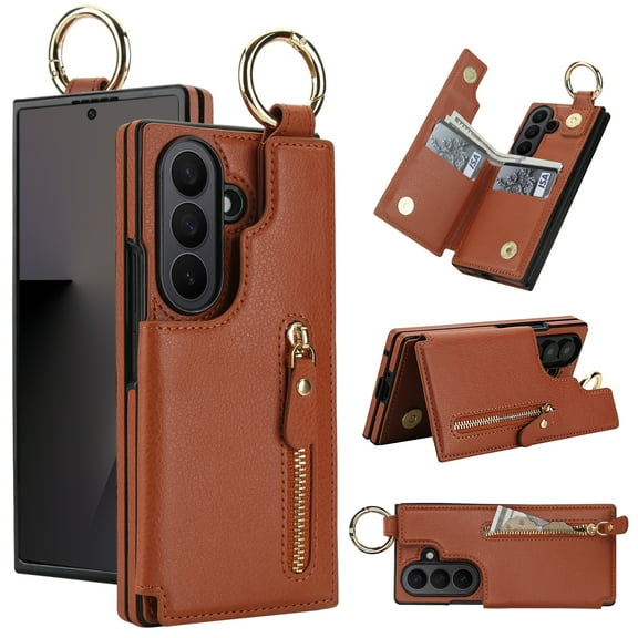 for Samsung Galaxy Z Fold 7 Zipper Wallet Case, Premium Lychee Texture PU Leather Double Magnetic Clasp Flip Kickstand Credit Card Slots Shockproof Portable Metal Ring Hook Phone Case,Brown
