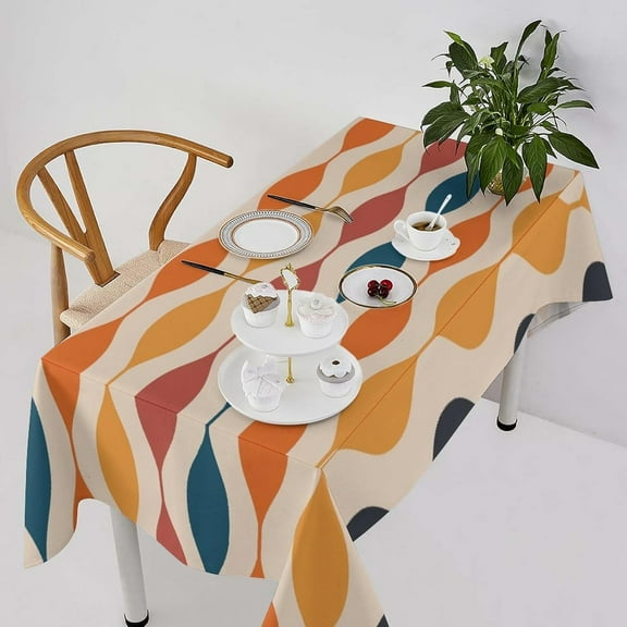 Mid Century Tablecloth, Groovy Retro 1960s Abstract Geometric Pattern Table Cloth Cover for Kitchen Dining Holiday Party Home Decor, Navy Blue Orange Red Rectangle(60x84in)