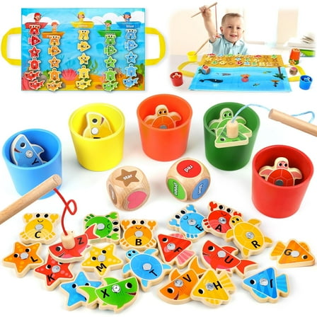 Wooden Toddler Toys Fishing Game: Montessori Sensory Toys for 1 2 3 Year Old Boys Girls - Birthday Baby Gifts for 1 2 3 Year Olds - Color Sorting Shape Learning for Kids