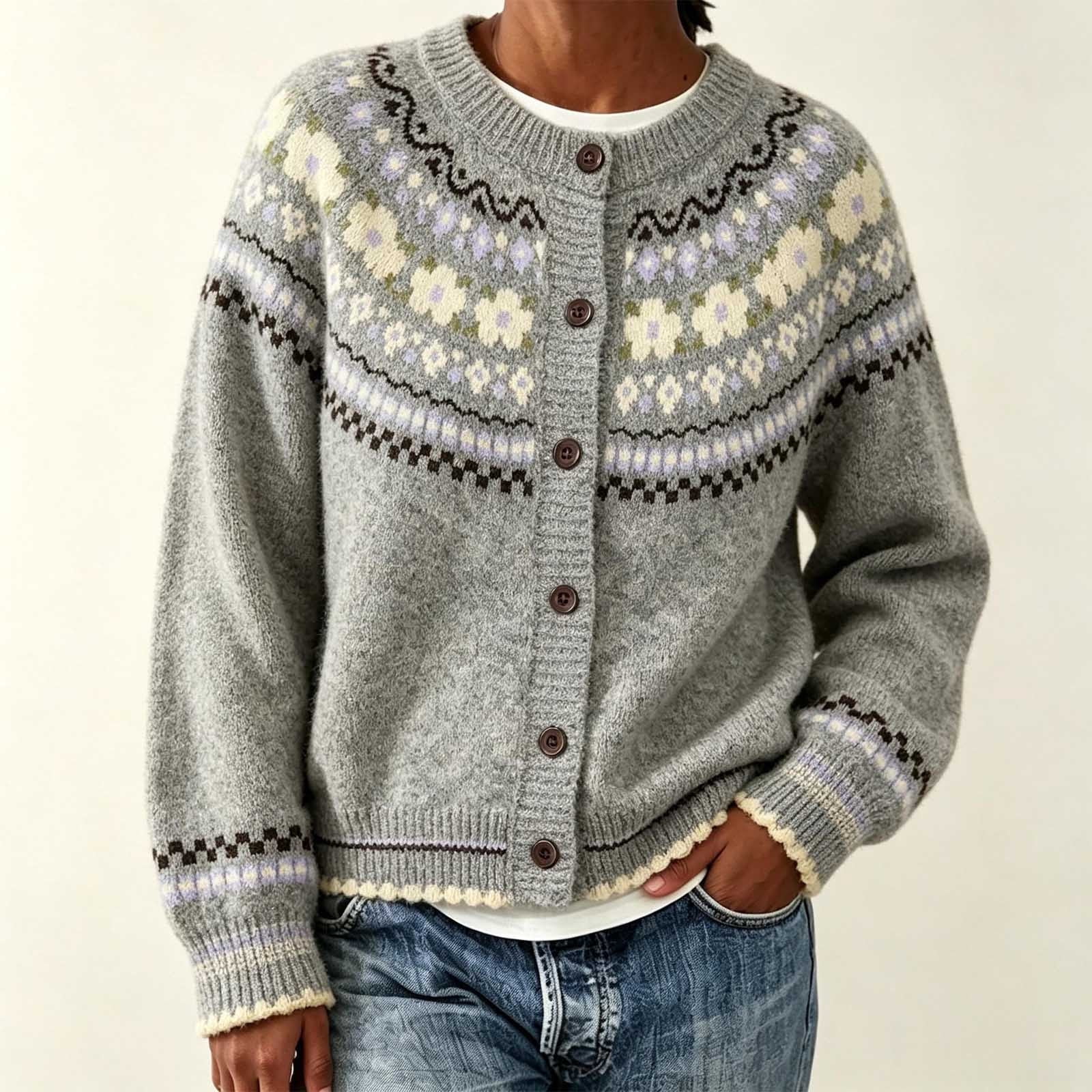 Edvintorg Plus Size Cardigan Women Fair Isle Cerw Neck Knit Sweater Long Sleeve Casual Open Front Top Womens Fashion Gray S-3XL