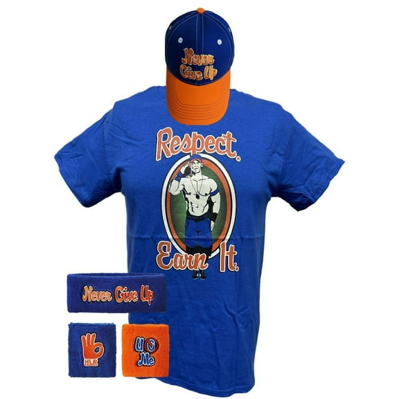 John Cena Respect Earn It Costume T-shirt Baseball Hat Headband Wristbands Boys YM 10-12