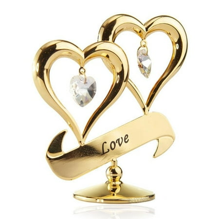 Matashi Crystal Mothers Day Gift 24K Gold Plated Love Double Heart Ornament Sculpture