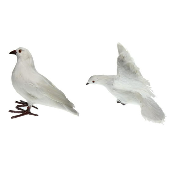 DOLITY Set of 2 Artificial Feathered White Doves Standing & Flying Birds Statues Simulation Ornaments, for Home Tabletop Décor, Garden Decoy