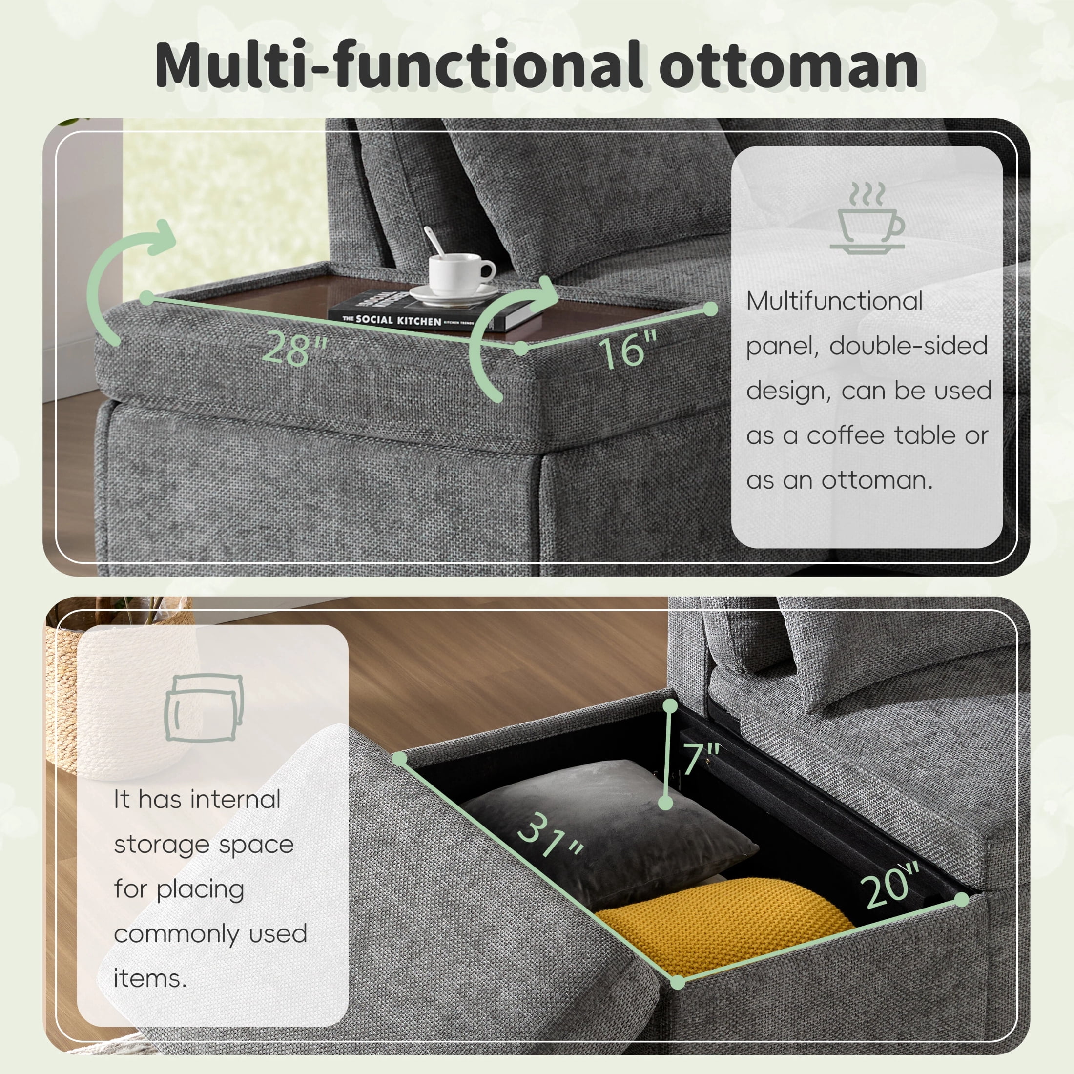 AISWORD 5 Seat L-Shaped Modular Sectional Sleeper Sofa, Pull Out Bed, Multi Storage Chaise, USB Port, Chenille Gray