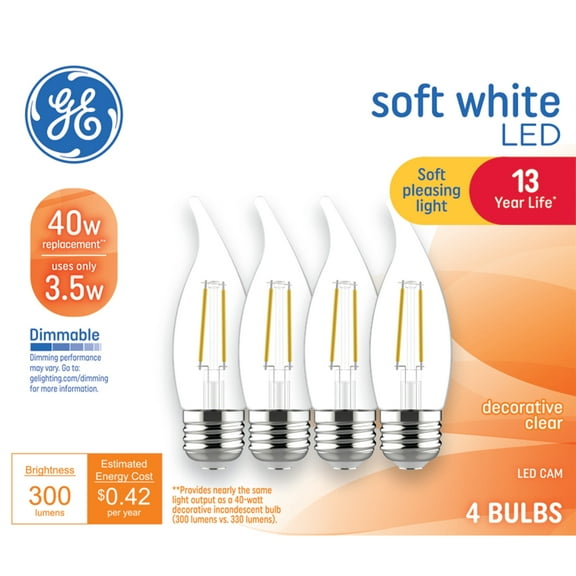 GE LED Light Bulbs, 40 Watts, Soft White, CA11 Candle Bulbs, 13yr, 4pk