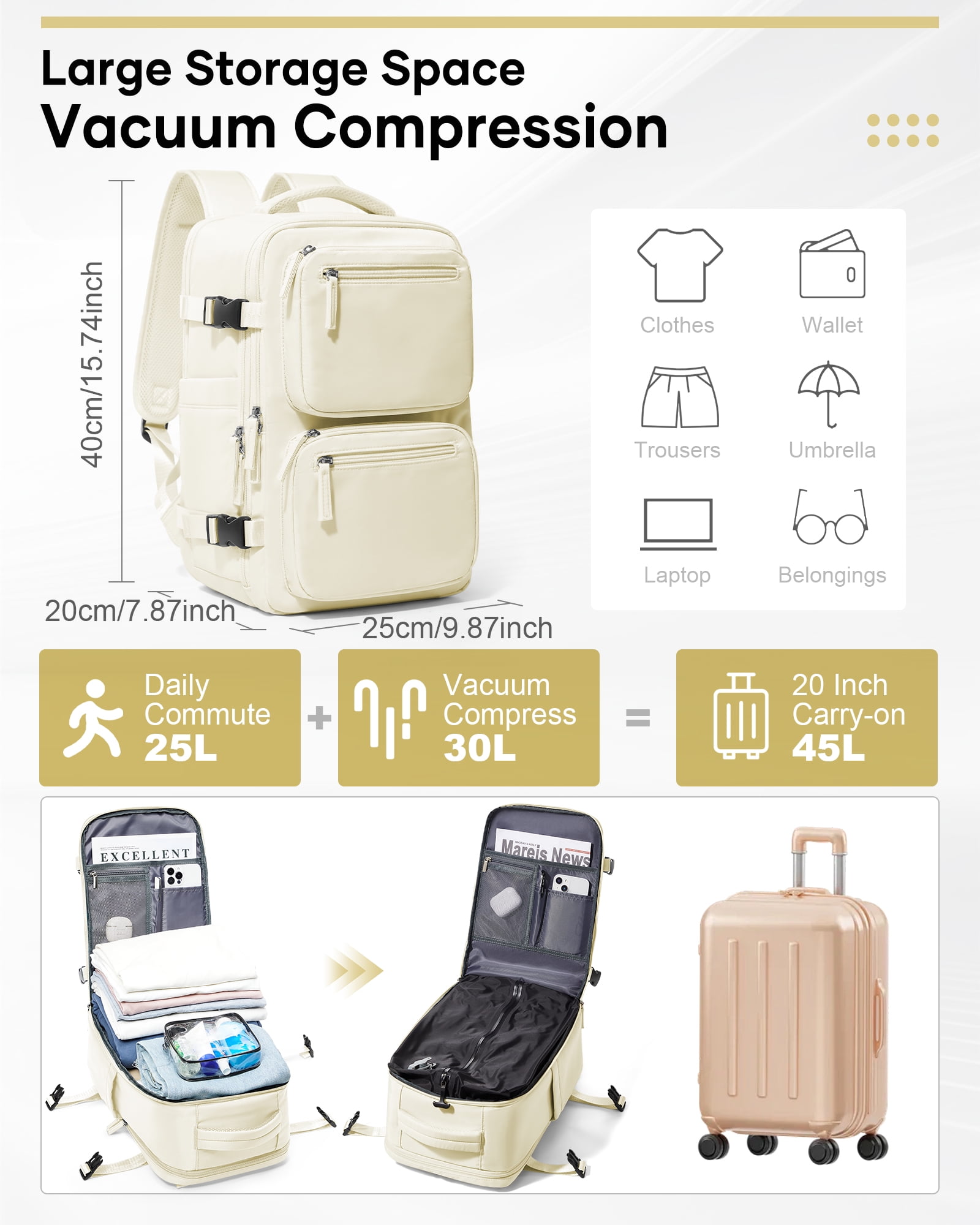 Travel Vacuum Seal Backpack with Compression for Women, Personal Item Bag United Airlines Approved, Waterproof Backpack with Air Pump, Backpack Airbag Mochila Bolso de Compression, Beige