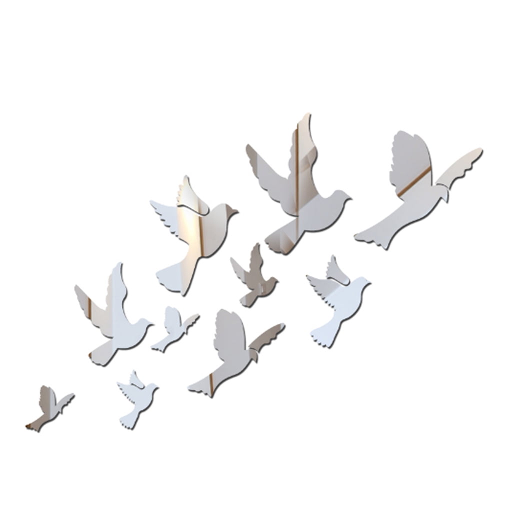 LUFA Fish 6pcs/set 3D Silver Doves Mirror Sticker DIY Acrylic Animal 3D Dove Mirrored Wallpaper Home Decoration Decals 
