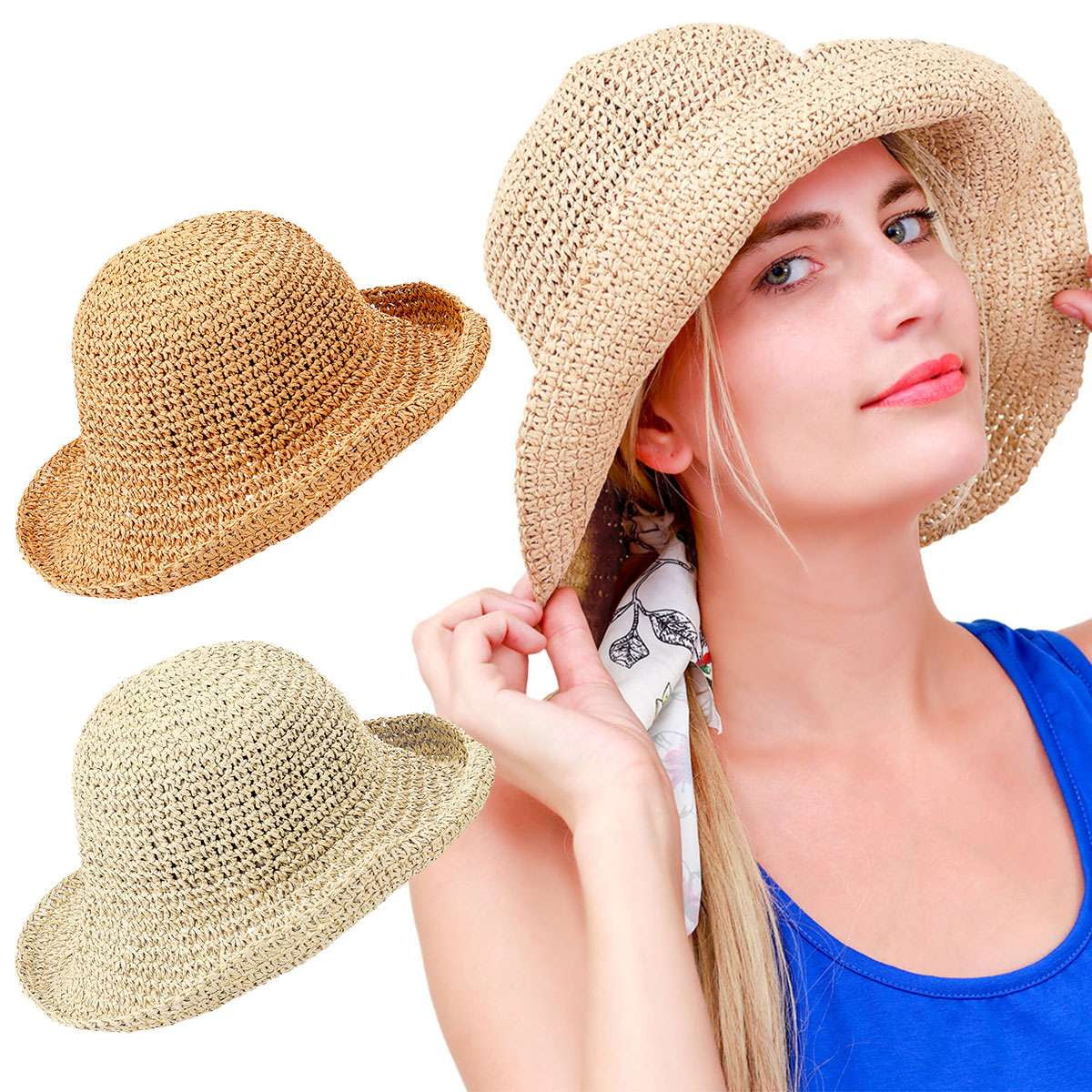 BadPiggies Womens Straw Sun Hats Foldable Roll Up Brim UPF 50 Hat for