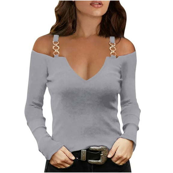 TKLPEHG Long Sleeve Shirts for Women V-Neck Cold Shoulder Tops Fashion Solid Color Lightweight Casual Fall Tops Comfy Loose Pullover (Gray,S)