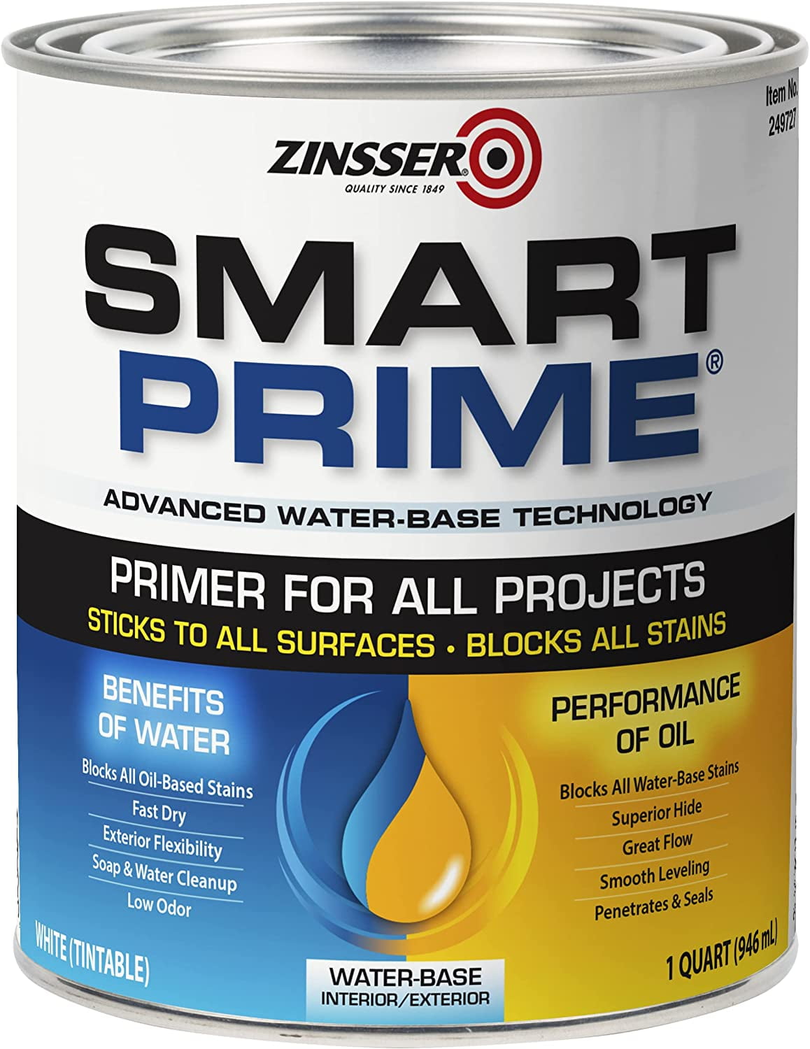 Zinsser Smart Prime Advanced WaterBased Primer, White, 1 Quart