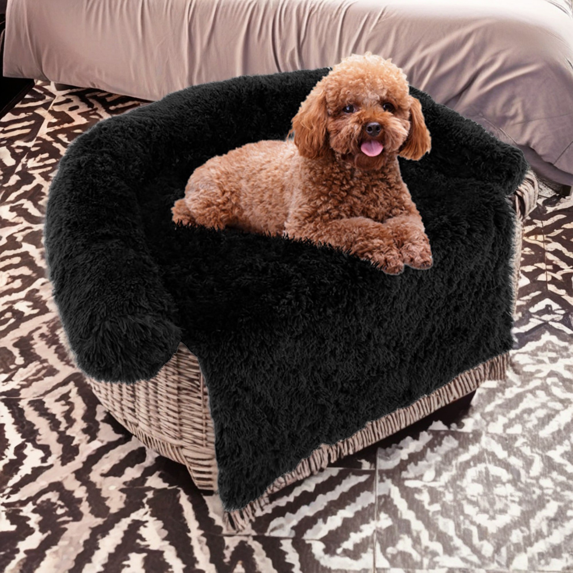 Kadyn 47" Plush Long Fur Dog Couch Bed, Dog Bed Mats with Anti-Slip Bottom, Washable Removable Couch Cover, Perfect for Medium and Large Dogs Cats, Black-L