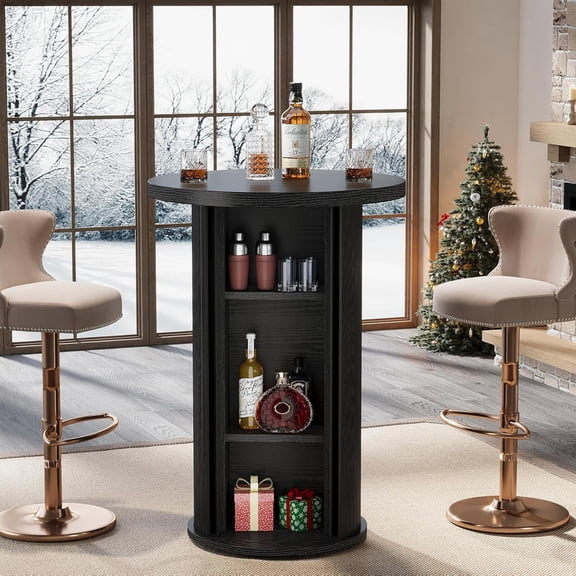 Tribesigns Round Bar Table, 35.4" Rustic High Top Pub Table with 3-Tier Hidden Storage Shelf for Home Bar, Kitchen & Diving Room, Black