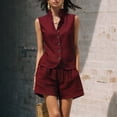 thumbnail image 2 of VBVC Women's Linen Sleeveless Vest 2 Piece Short Sets , Summer Vacation Matching Outfits For Women , Ladies' Stand Collar Button Suit Sets with Pockets,Wine,S-2XL, 2 of 6