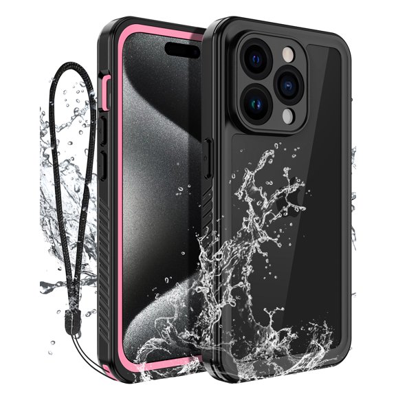 Casetego for iPhone 15 Pro Max Waterproof Case,IP68 14FT Underwater Dustproof Shockproof Rugged with Built-in Screen Protector Full Protect Phone Cover with Lanyard,Rose Red